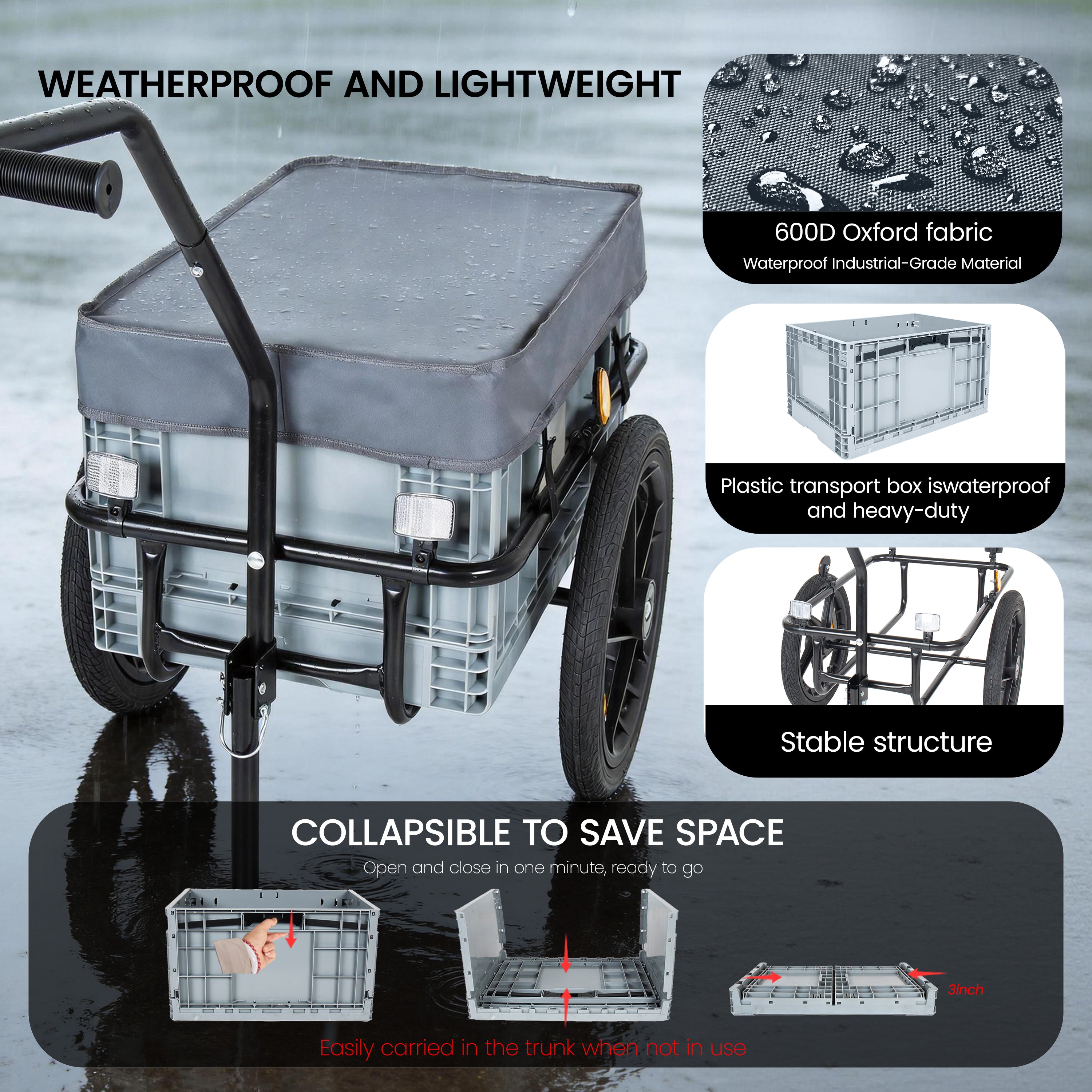 2- In- 1 Bike Cargo Trailer With Foldable Storage Box  Removable & Waterproof Cover  Bicycle Trailer W Quick Release 16  Wheels  70L Large Capacity  Black Gray