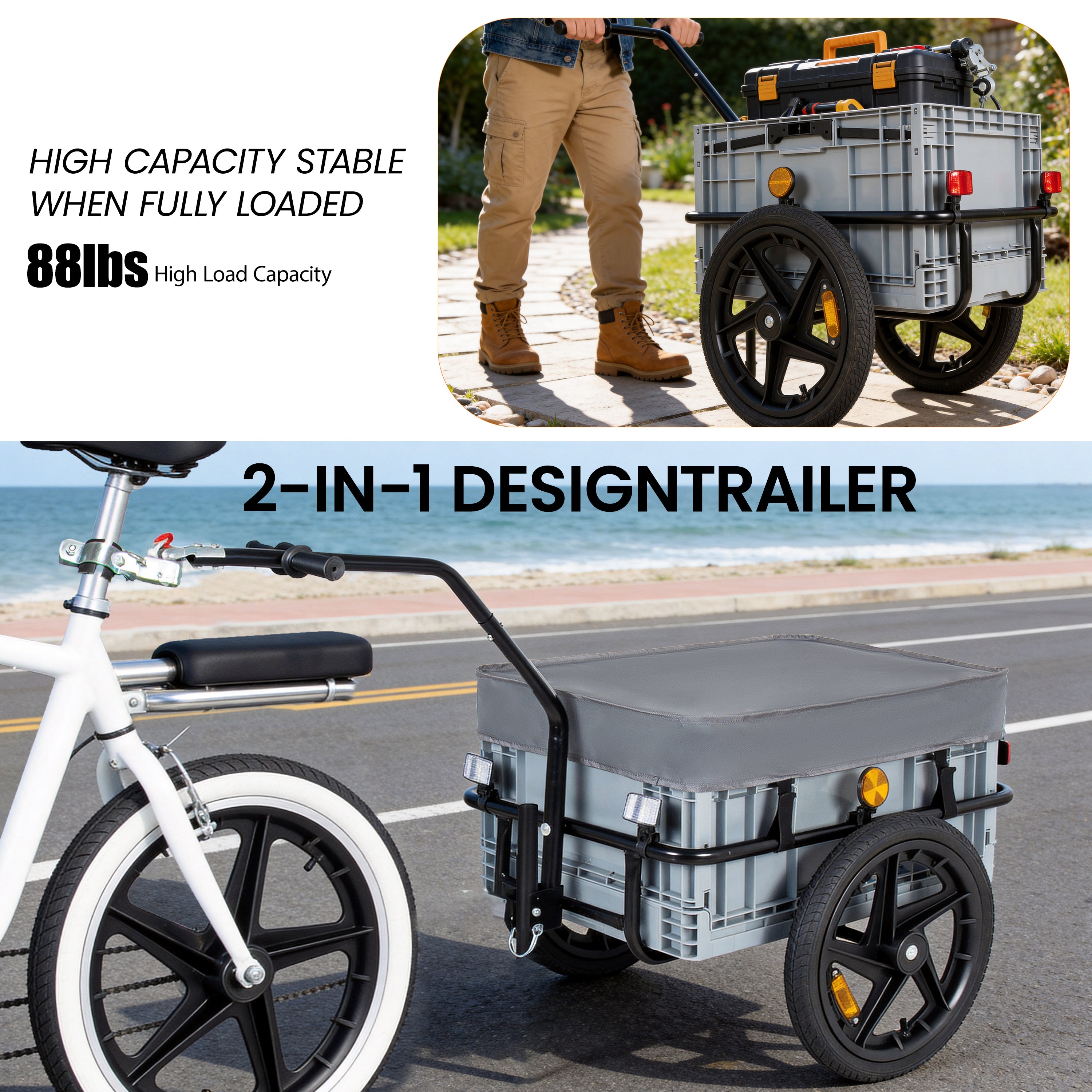 2- In- 1 Bike Cargo Trailer With Foldable Storage Box  Removable & Waterproof Cover  Bicycle Trailer W Quick Release 16  Wheels  70L Large Capacity  Black Gray