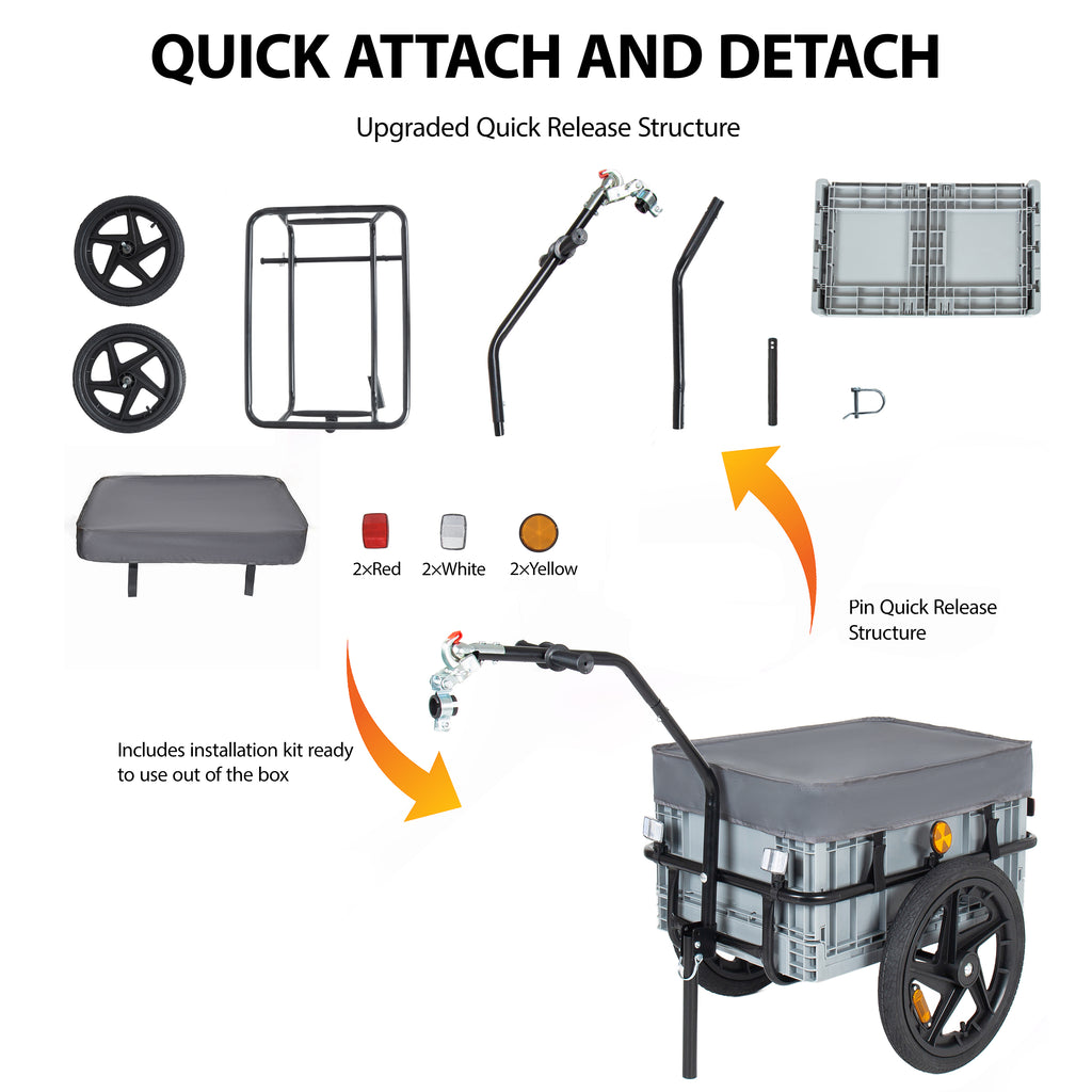 2- In- 1 Bike Cargo Trailer With Foldable Storage Box  Removable & Waterproof Cover  Bicycle Trailer W Quick Release 16  Wheels  70L Large Capacity  Black Gray