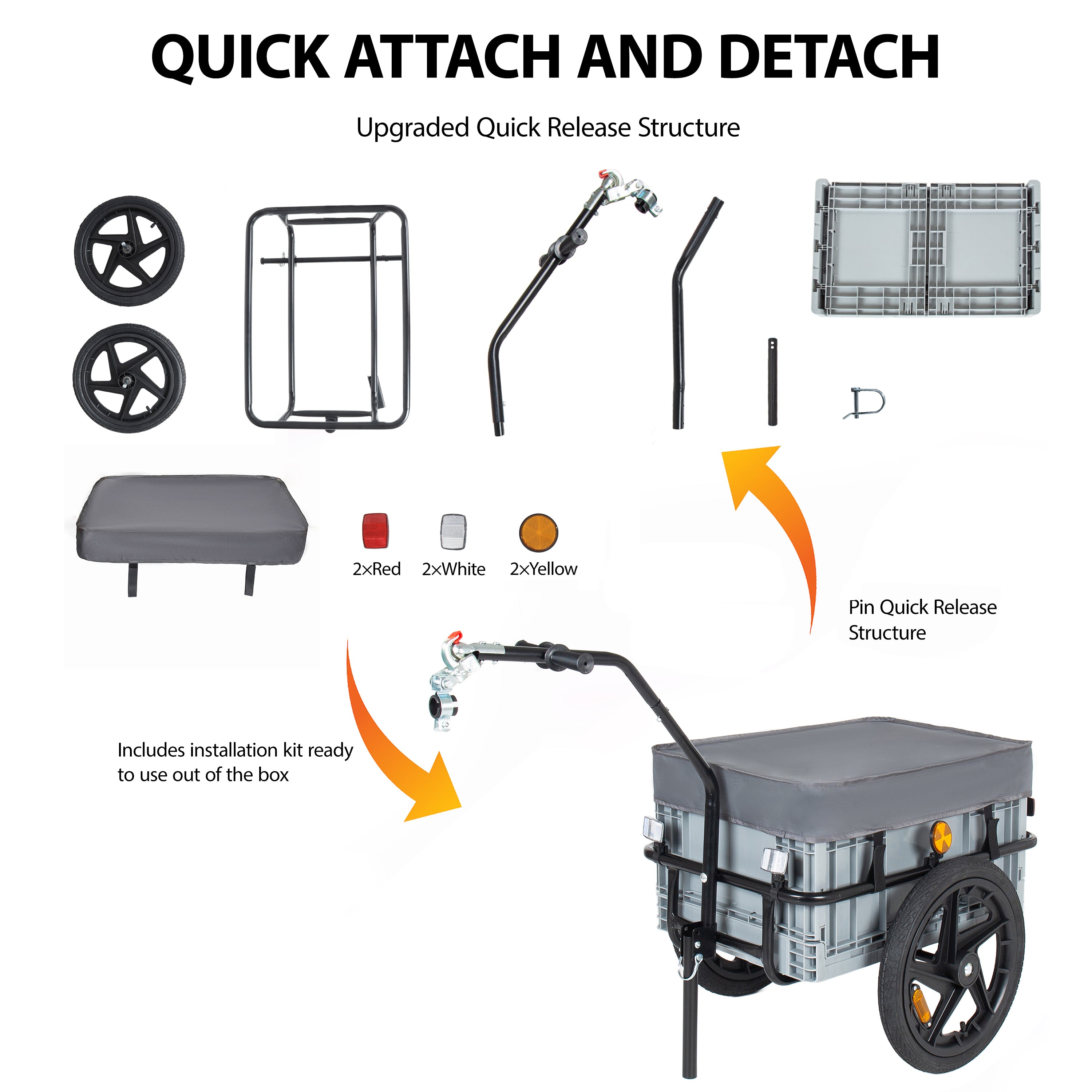 2- In- 1 Bike Cargo Trailer With Foldable Storage Box  Removable & Waterproof Cover  Bicycle Trailer W Quick Release 16  Wheels  70L Large Capacity  Black Gray