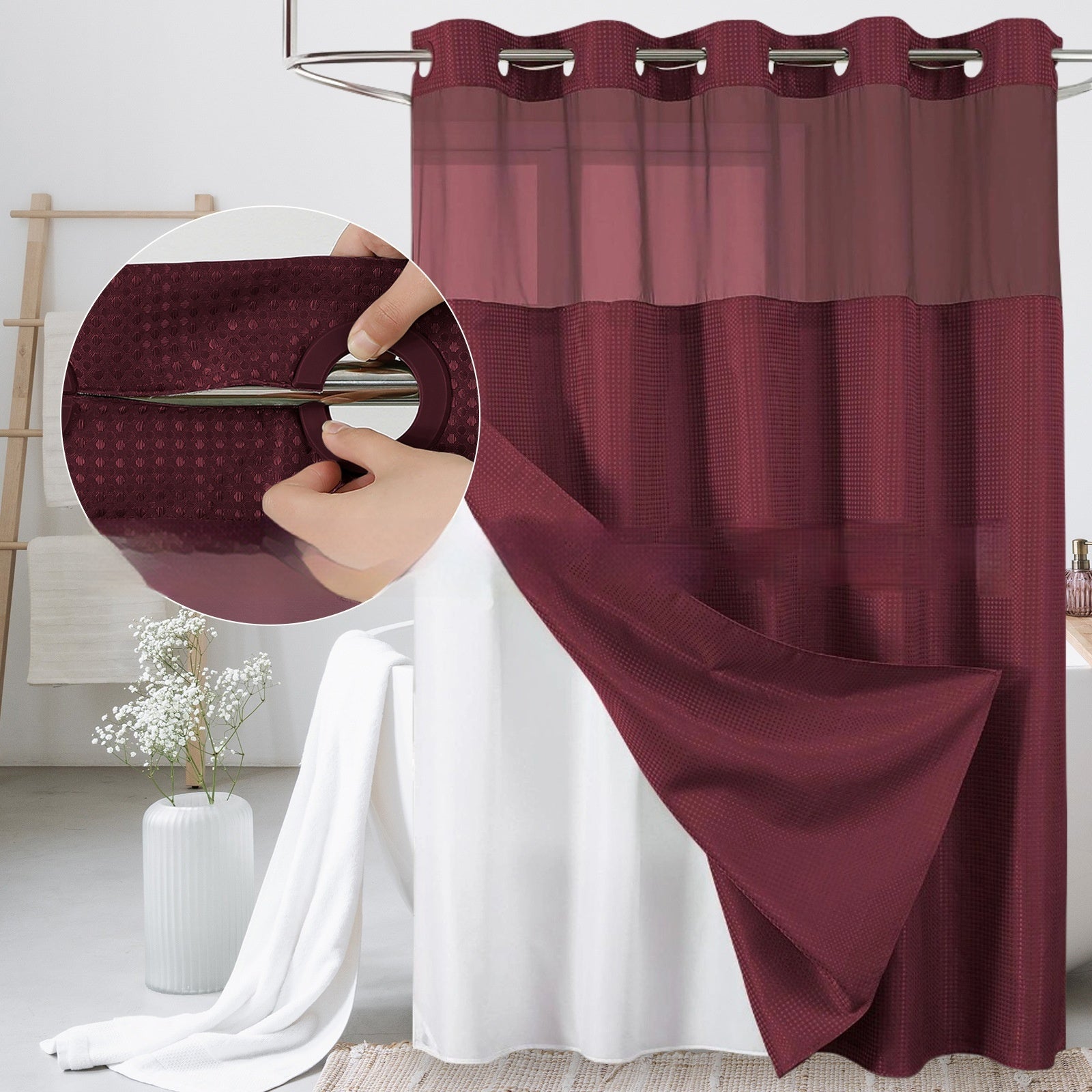 Solid-color Waffle-patterned Double-layer Large-loop-lined Shower Curtain