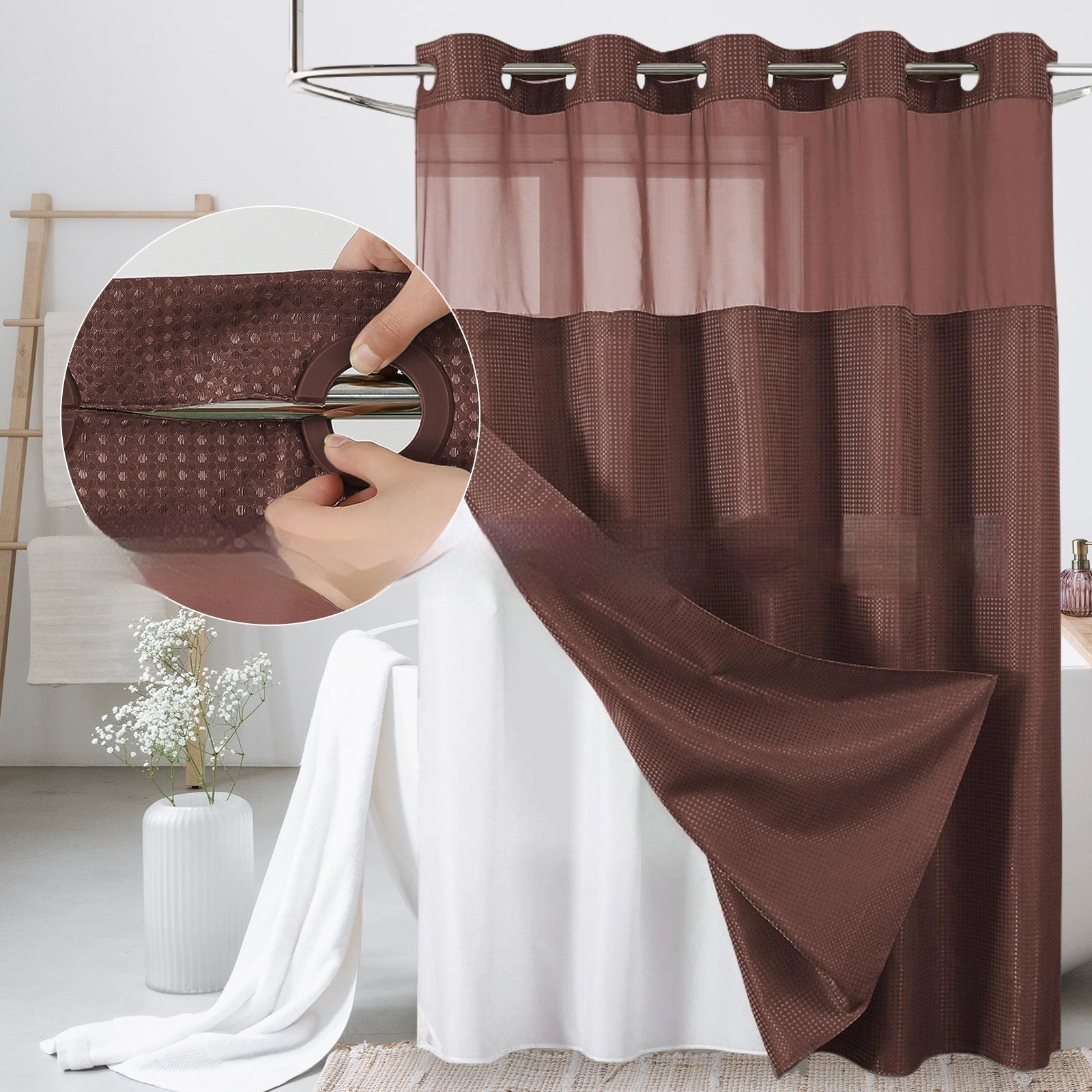 Solid-color Waffle-patterned Double-layer Large-loop-lined Shower Curtain