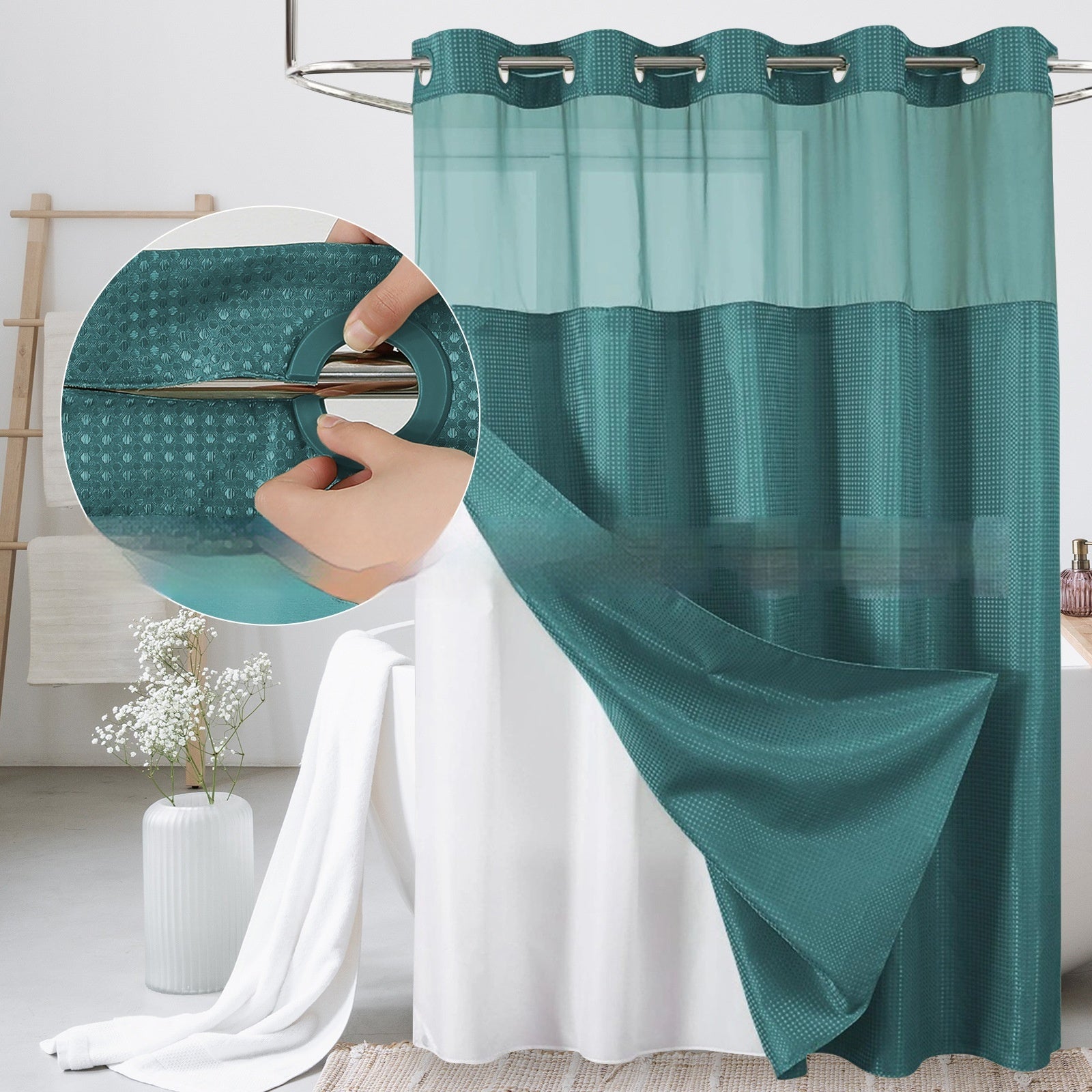Solid-color Waffle-patterned Double-layer Large-loop-lined Shower Curtain