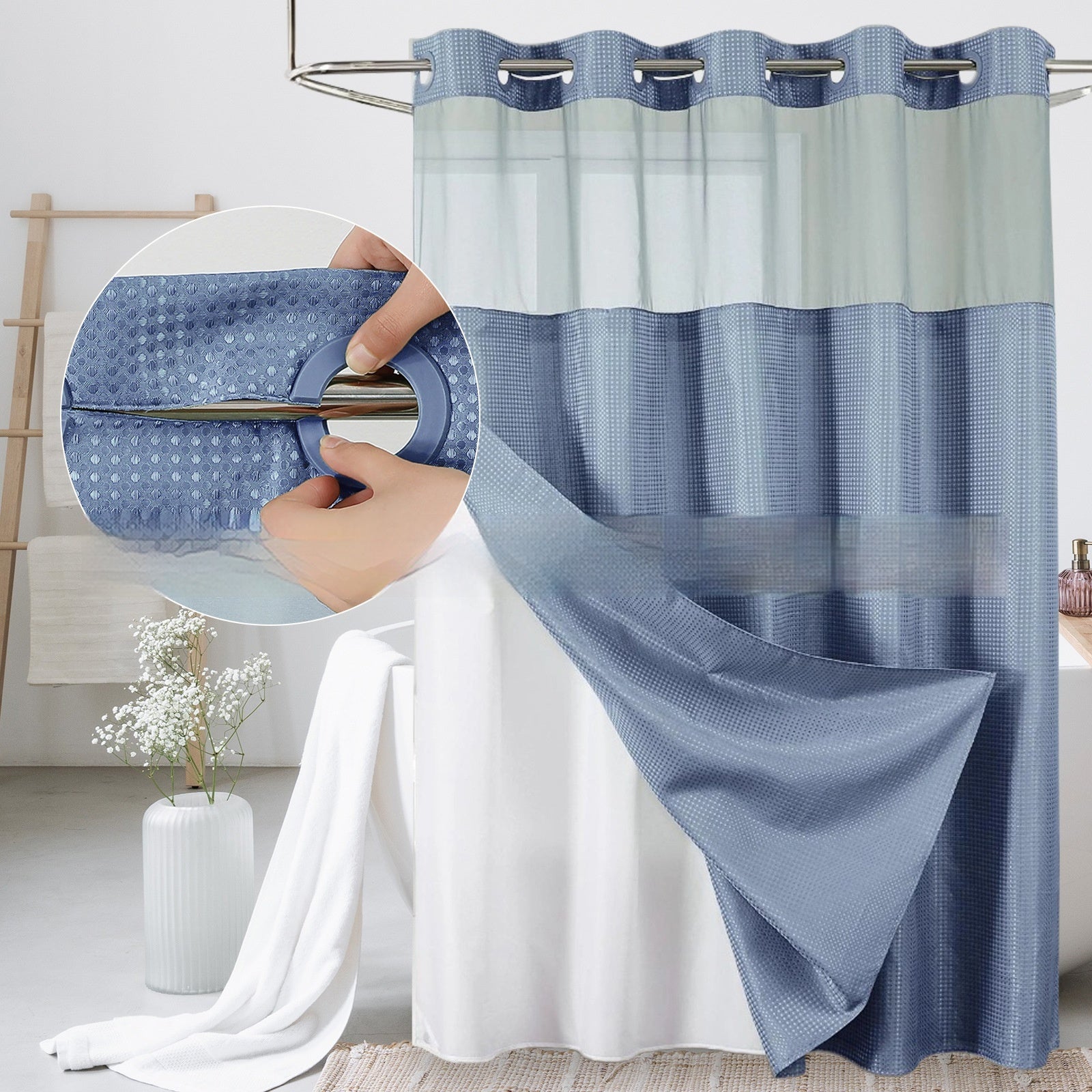 Solid-color Waffle-patterned Double-layer Large-loop-lined Shower Curtain