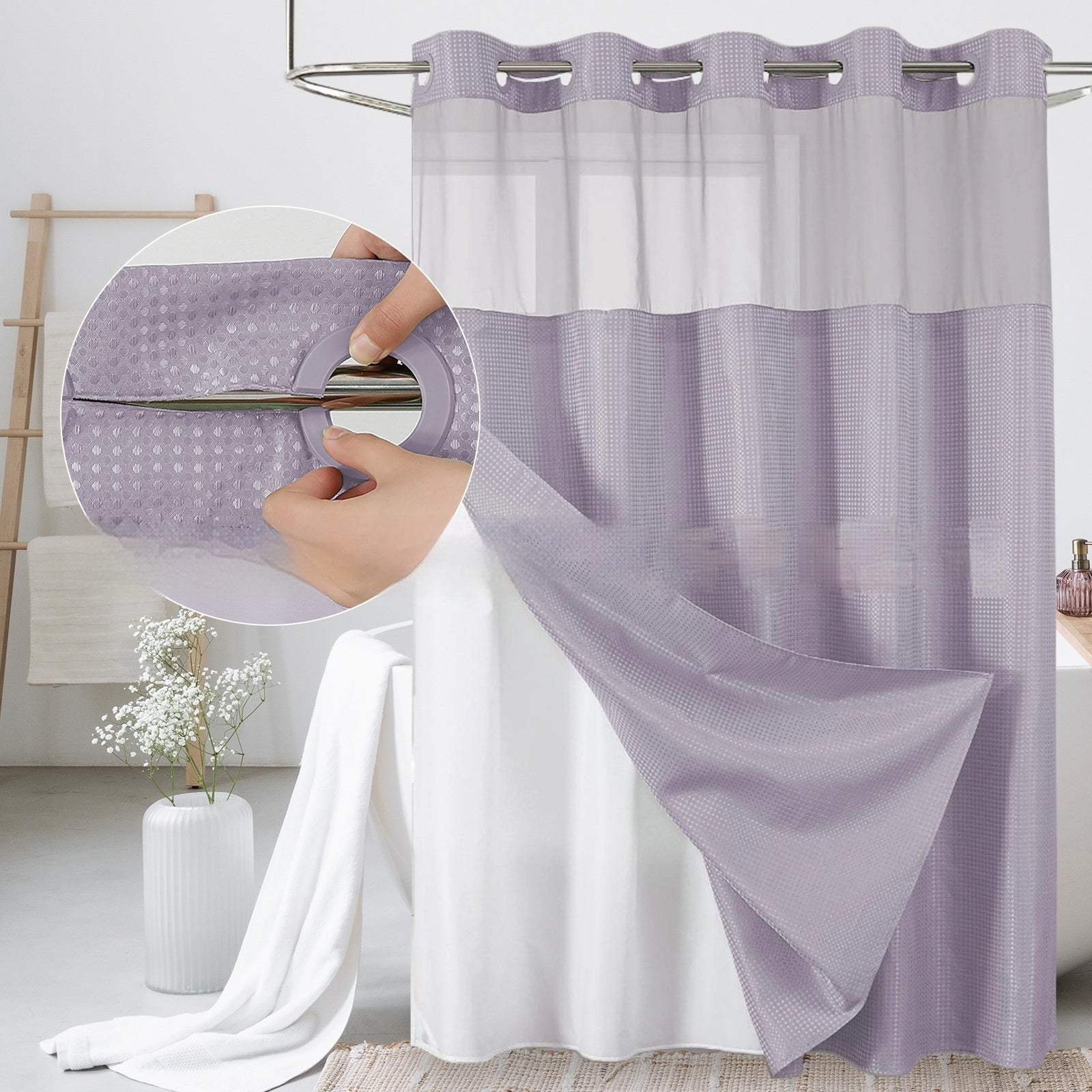 Solid-color Waffle-patterned Double-layer Large-loop-lined Shower Curtain