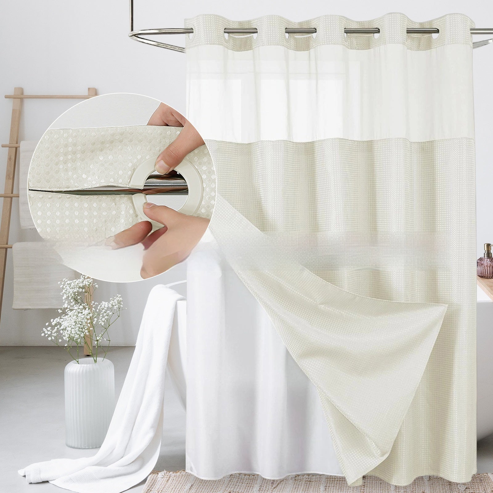 Solid-color Waffle-patterned Double-layer Large-loop-lined Shower Curtain